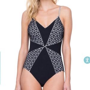 Gottex Prism Black and White V-Neck Lingerie High Back One Piece Swimsuit